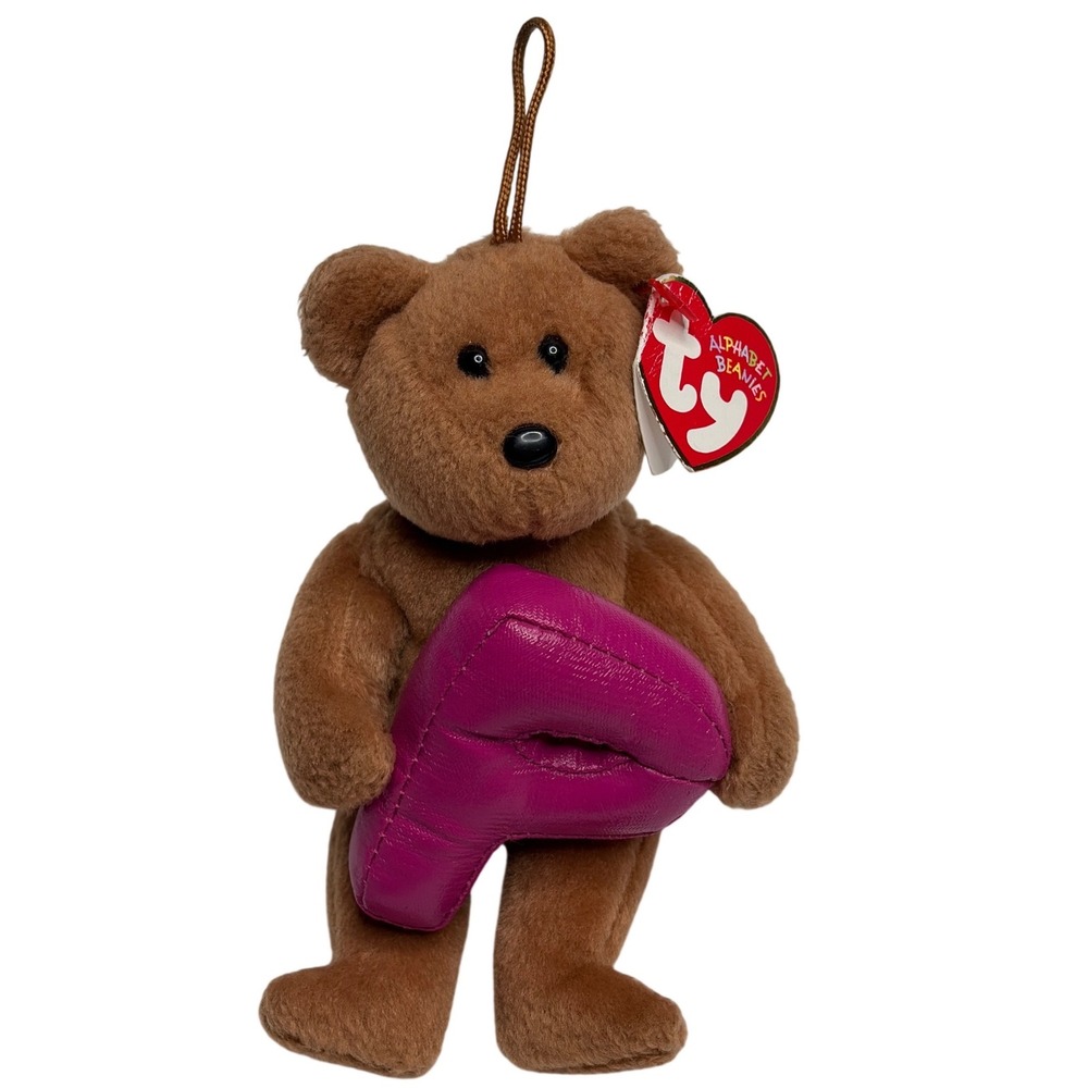 Ty Alphabet Beanies Brown Plush Teddy Bear Holding Letter P Magenta 2005 Tag